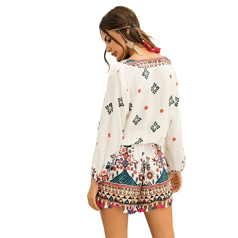 2023 Spring Summer V-neck Printed Jumpsuits Women Fringed Casual Flowers Elegant Beach Style Shorts Female Boho Fashion Wears