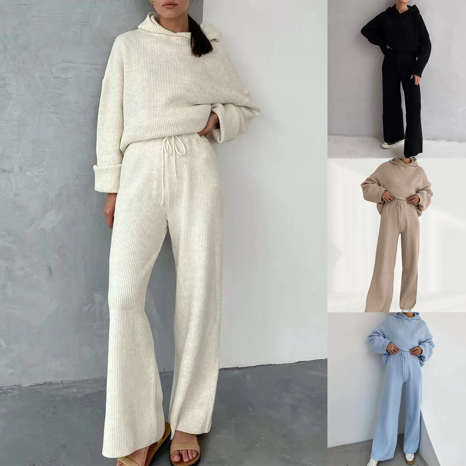 

Autumn Winter Women Fashion 2 Piece Sweatsuit Outfit Solid Color Knit Hoodie Trouser Sports Suit Leisure Stretch Female Sets