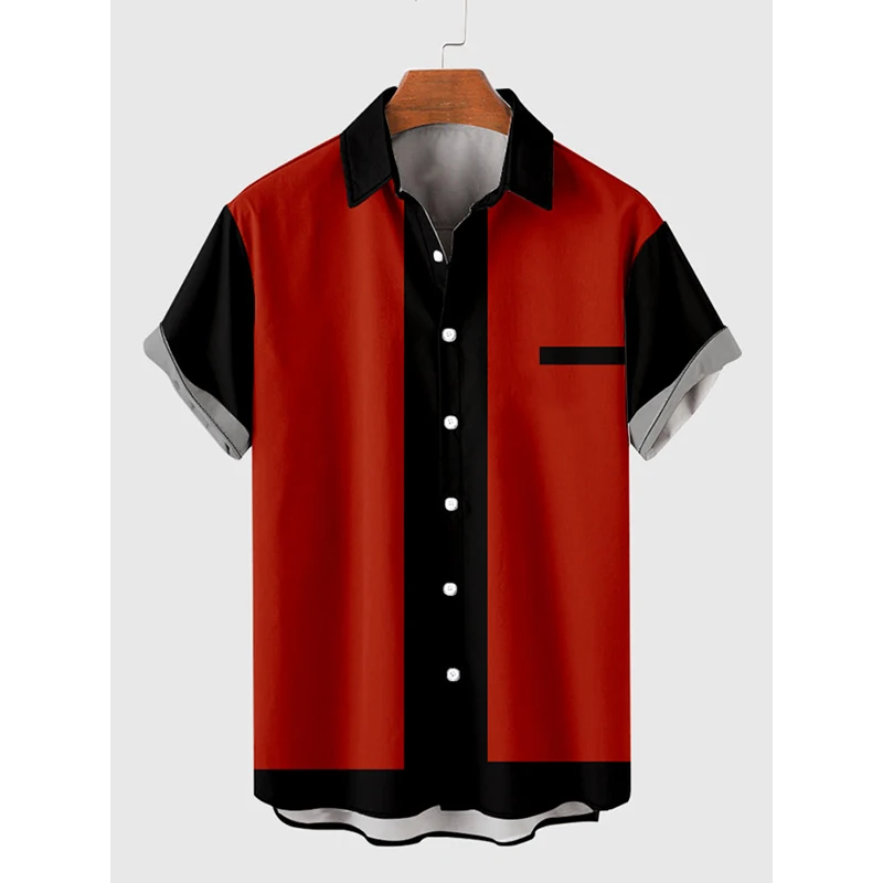 

50s Red & Black Stitching Men‘s Holiday Breathable Short Sleeve Tee Shirt