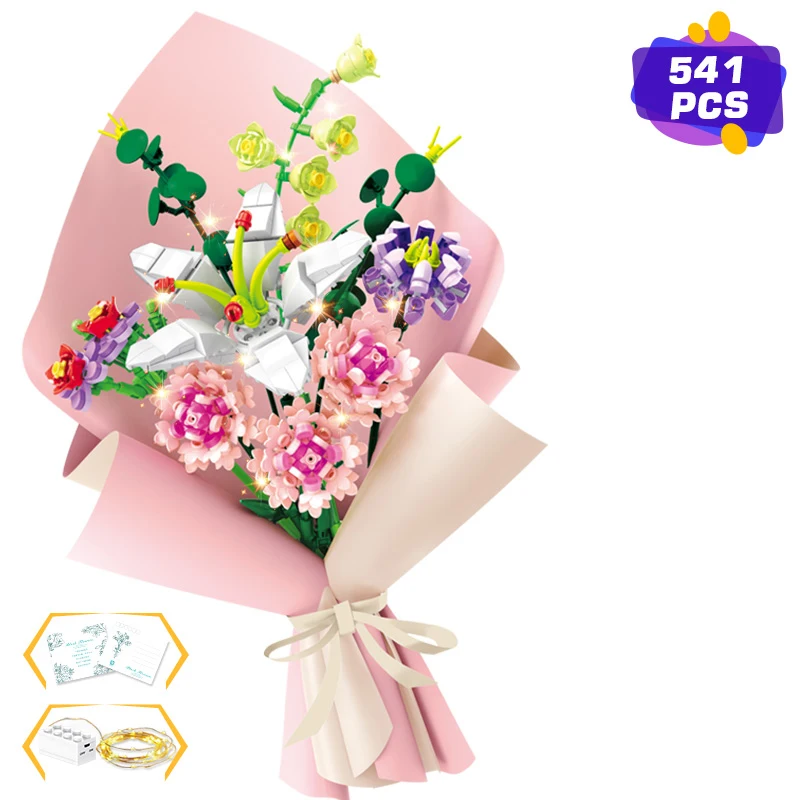 

Ideas Building Blocks Flowers Bouquet Plants Decor Romantic Pink Roses Bricks Construction Toys for Girls