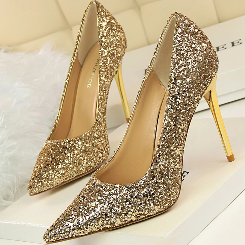 

2022 Women 7cm 9.5cm High Heels Sequins Glitter Luxury Designer Pumps Wedding Bridal Gold Valentine Scarpins Crystal Party Shoes