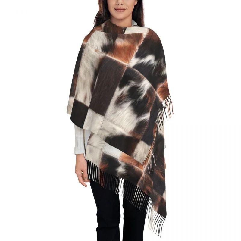 

Ladies Long Checkered Cowhide Fur Scarves Women Winter Soft Warm Tassel Shawl Wraps Animal Leather Texture Scarf