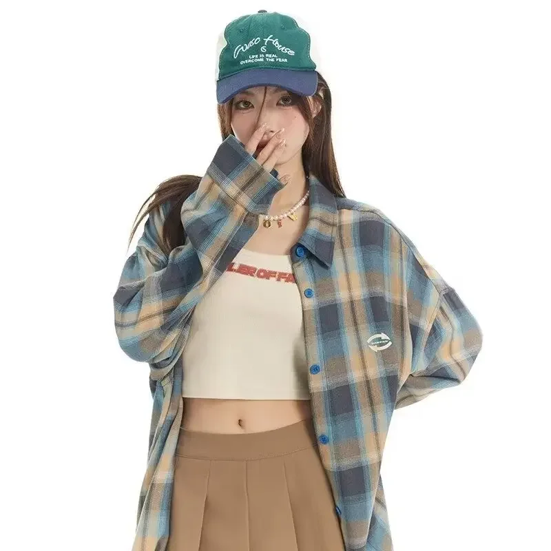 Женская клетчатая рубашка с длинным рукавом в американском стиле