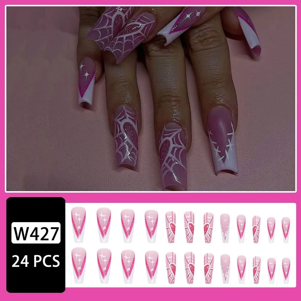 

Wearable Press on Nails Ghost Long Coffin Shaped Manicure Nail Tips Spider Web Full Cover Halloween Fake Nails Cartoon Nail