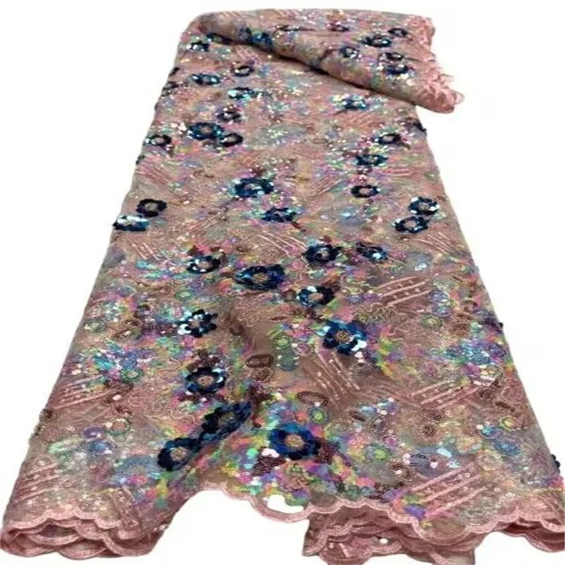 

Pink Flower Beaded Fabric Lace Sequence Tulle Lace Laces Fabric For African Wedding Yellow Embroidered Lace Fabric With Sequin