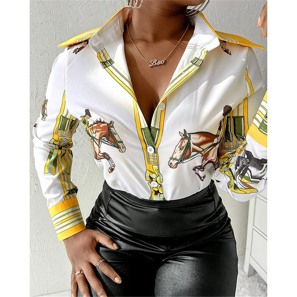 

Women's Blouse Temperament Ethnic Print Long-sleeve Shirt Autumn Spring New Fashion 2022 Ladies Tops Female Clothing
