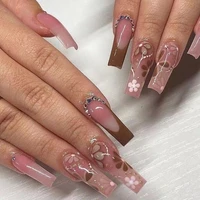 24pcs false nails ice transparent small flower rhinestone gold powdern fake nail tips full cover acrylic for girls fingernails