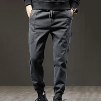 2022 hot mens pants solid color mid waist deep crotch elastic waist drawstring ankle banded casual cargo pants for daily wear