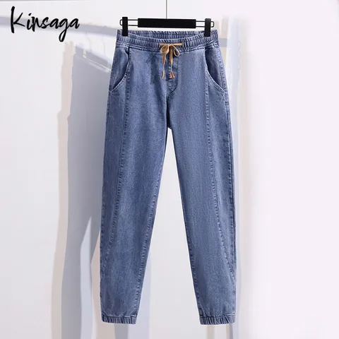 Женские джинсы-джоггеры, эластичные штаны-шаровары размером 7xl с поясом на резинке, брюки для мам больших размеров
