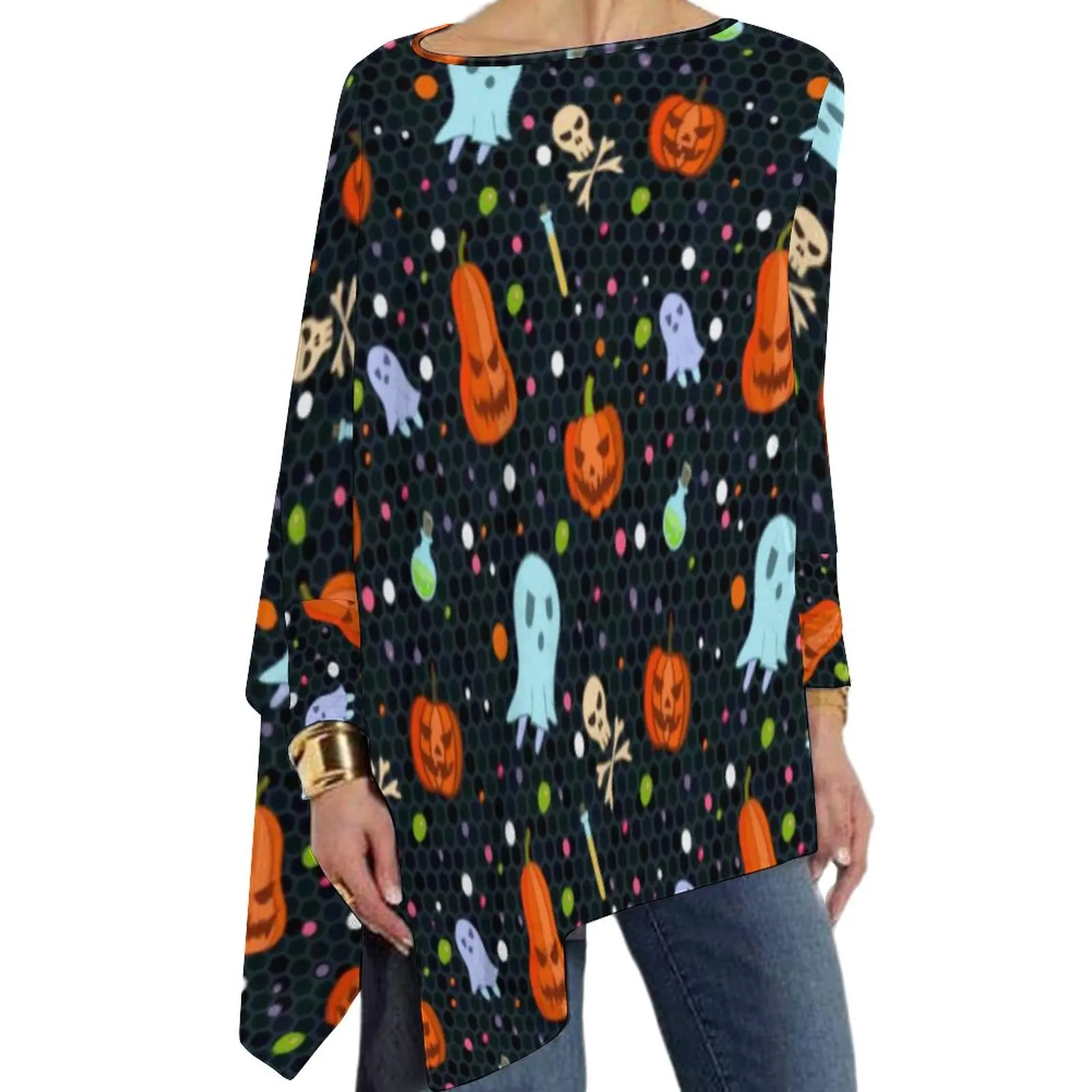 

Футболка с изображением Призрака и тыквы, футболка в современном художественном стиле на Хэллоуин, женские уличные модные топы с длинным ру...