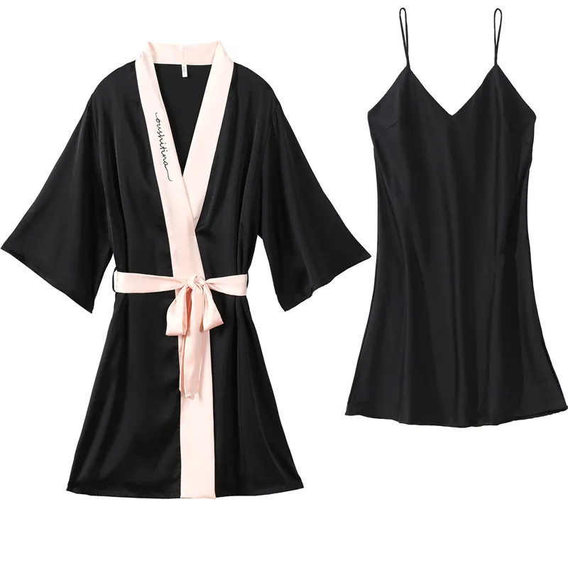 Women's Dressing Gown Night Dress Negligee 2 Pieces Sets Silk Robes Nightwear Satin Sleepwear Summer Sleep Sexy Pajamas Women