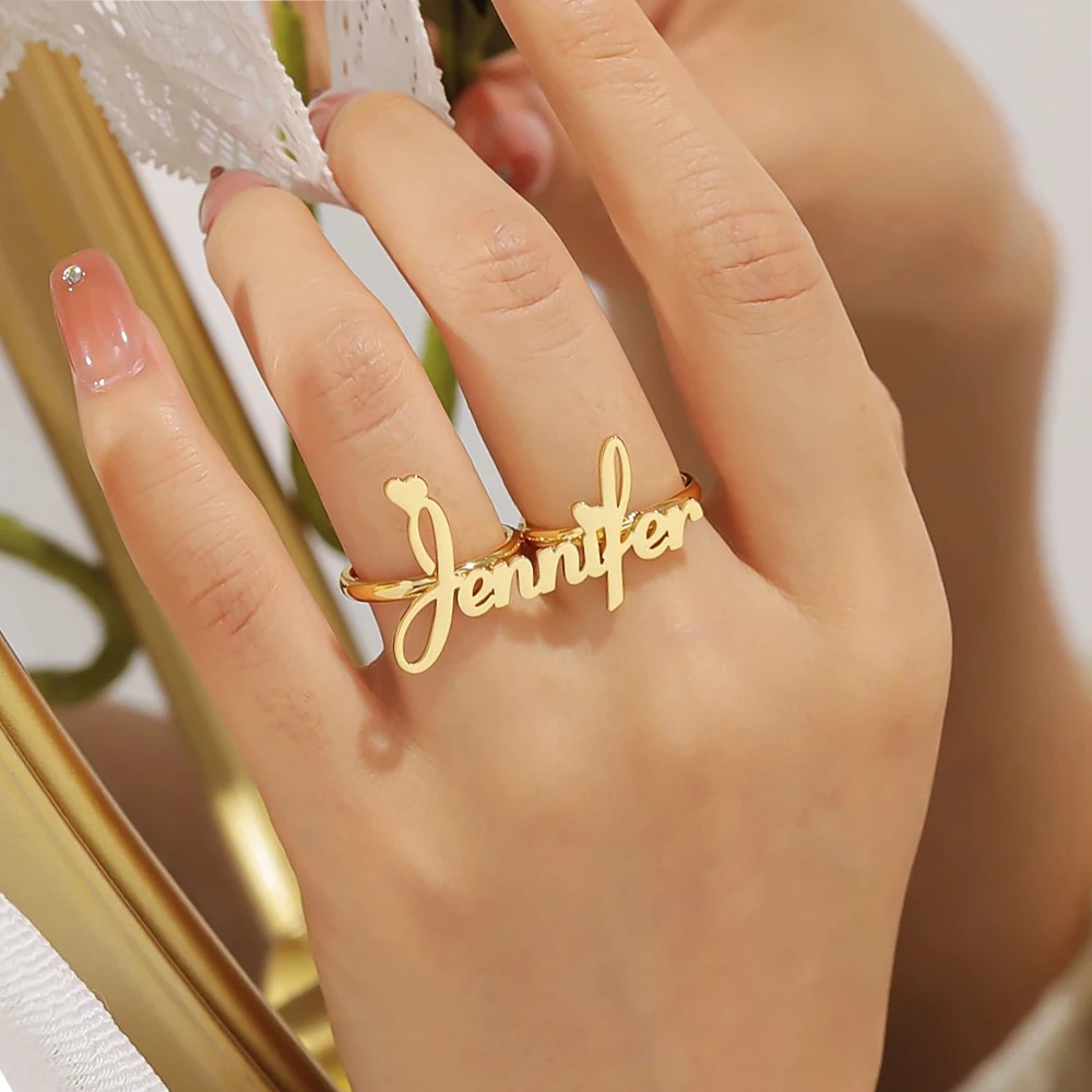 Mini Two Fingers Ring Custom Gold Stainless Steel Name Rings for Women Personalised Luxury Cute Dating Knuckles Party Gift
