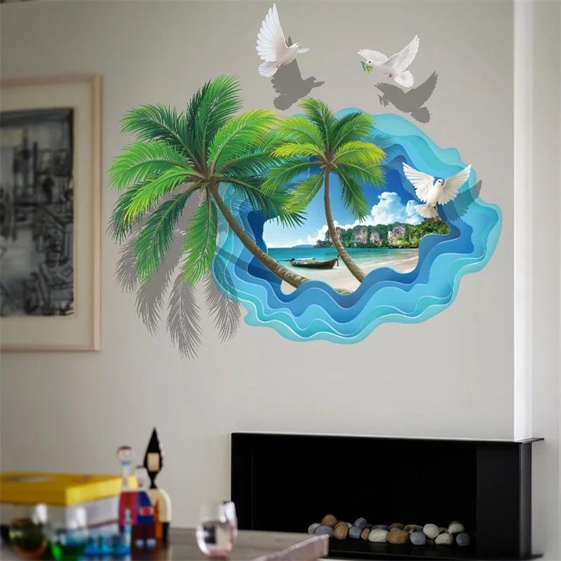 

Green palm birds fly beach resort sea tree 3d window hole view removable wall sticker mural art living room bedroom decal decor