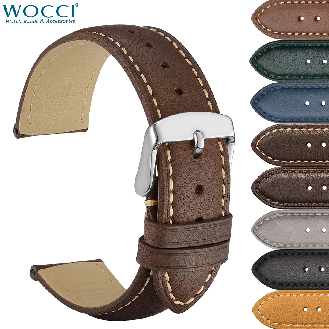 

WOCCI Genuine Leather Watch Strap 14mm 16mm 18mm 19mm 20mm 21mm 22mm 23mm 24mm Replacement Bands Bracelet for Men Women