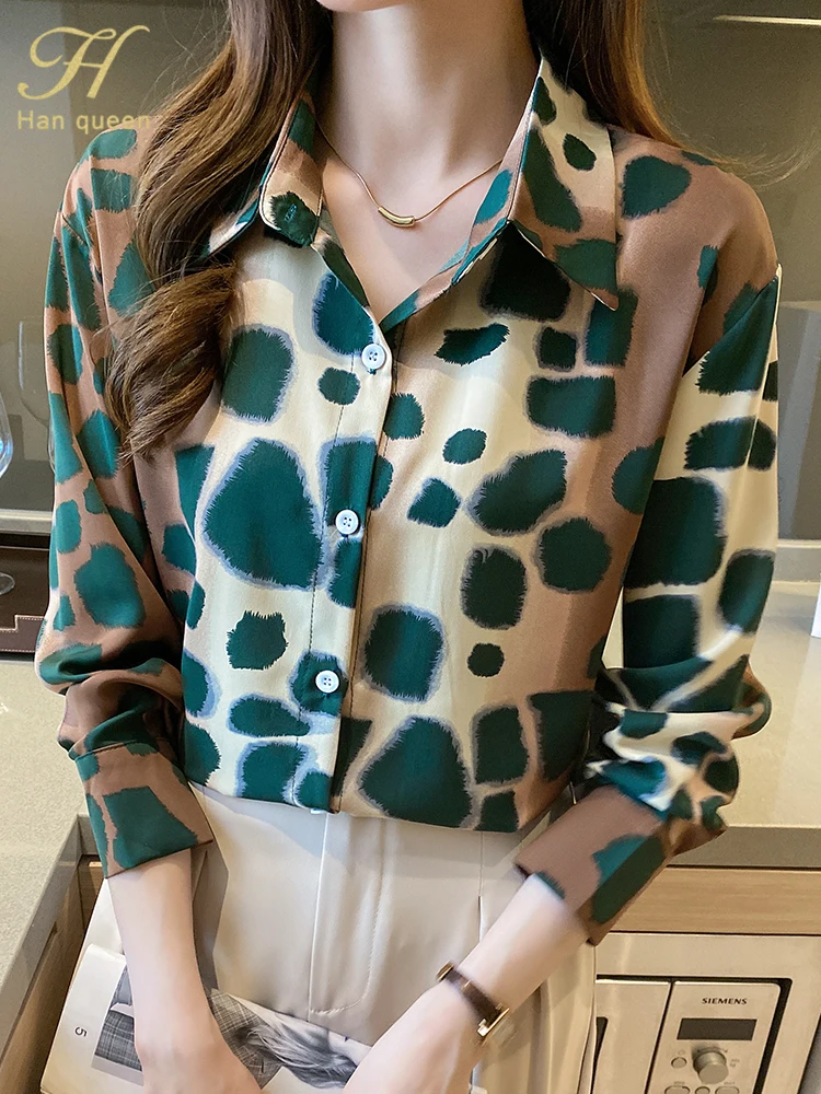 

H Han Queen Autumn Loose Office Blusas Vintage Print Tops Simple Elegant Chiffon Blouses Korean Long Sleeve Casual Shirts Women