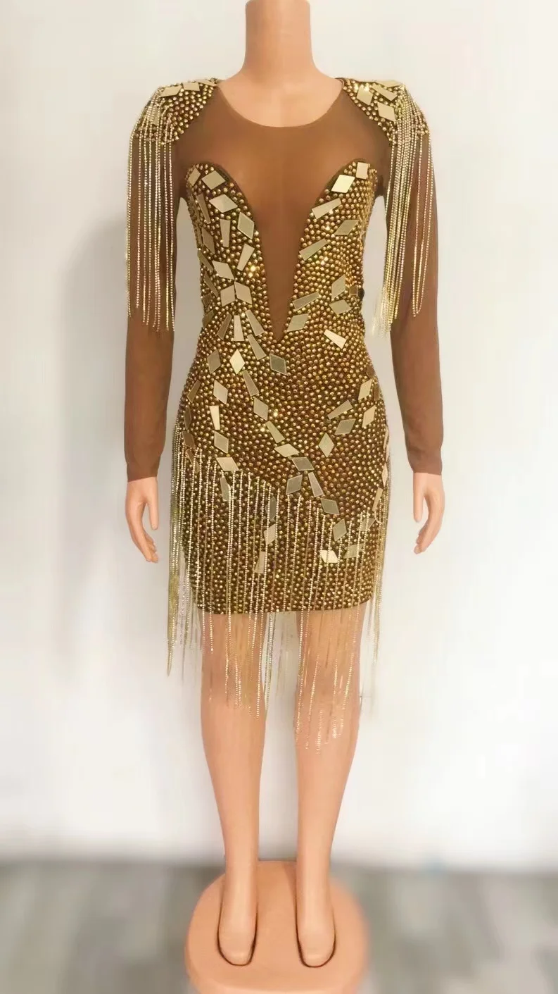 

Women Shining Mirrors Rhinestones Chains Mesh Dress See Through Birthday Party Celebrate Fringes Costume Show Nightclub Outfit