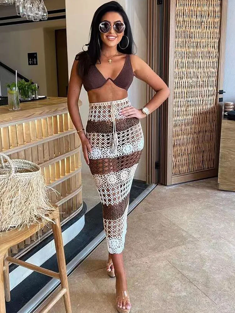 

News Sexy Cutout Colorblock Hand Crochet Beach Long Skirt Bikini One-Piece Sunscreen Cover Up Skirt
