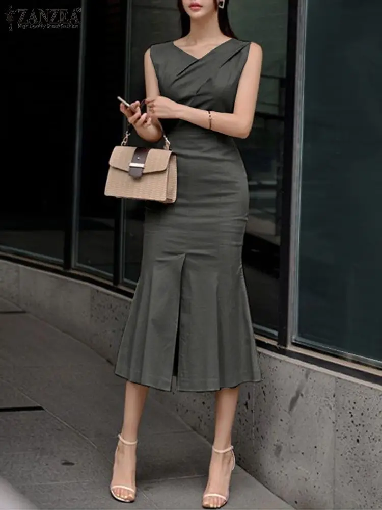 

ZANZEA Fashion Women Midi Dress Slim 2023 Summer Mermaid Dress Slit Hem Sleeveless Robes Elegant Package Hip V-neck Vestidos