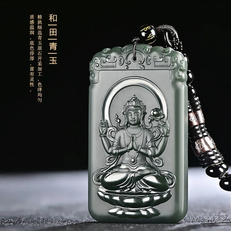 

Hot Selling Natural Hand-carve Hetian Jade Cyan Four-armed Guanyin Buddha Necklace Pendant Fashion Jewelry Men Women Luck Gifts1