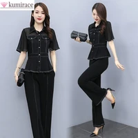 korean fashion hollow lace stitching imitation denim short sleeved shirt casual trousers two piece elegant womens pants set