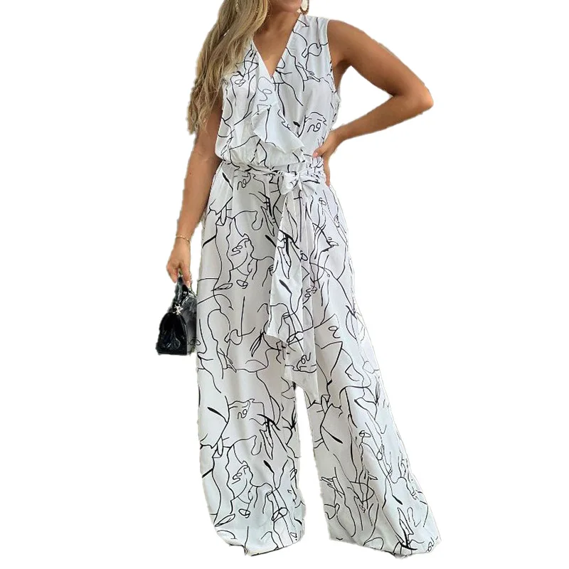 Fuikio S-3XL Women's Wide Leg Trousers Spring And Summer Printing Sleeveless V-neck Loose Lace Up Personality Style Jumpsuit