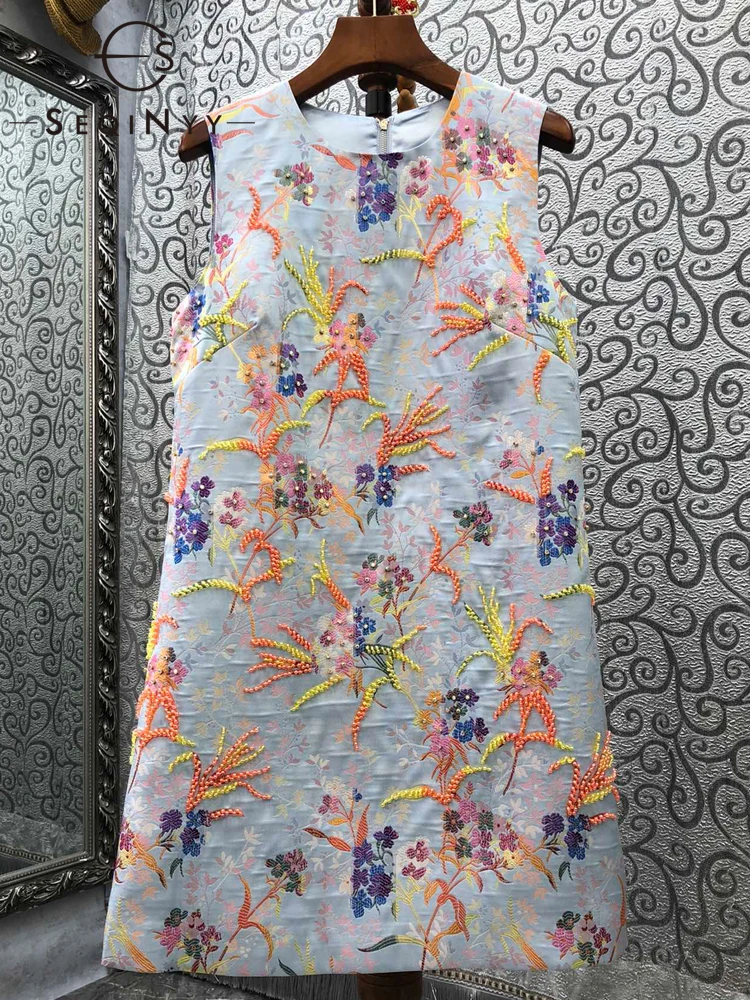 

SEQINYY Blue Vest Dress Summer Spring New Fashion Design Women Runway Vintage Flowers Print Jacquard Beading High Quality