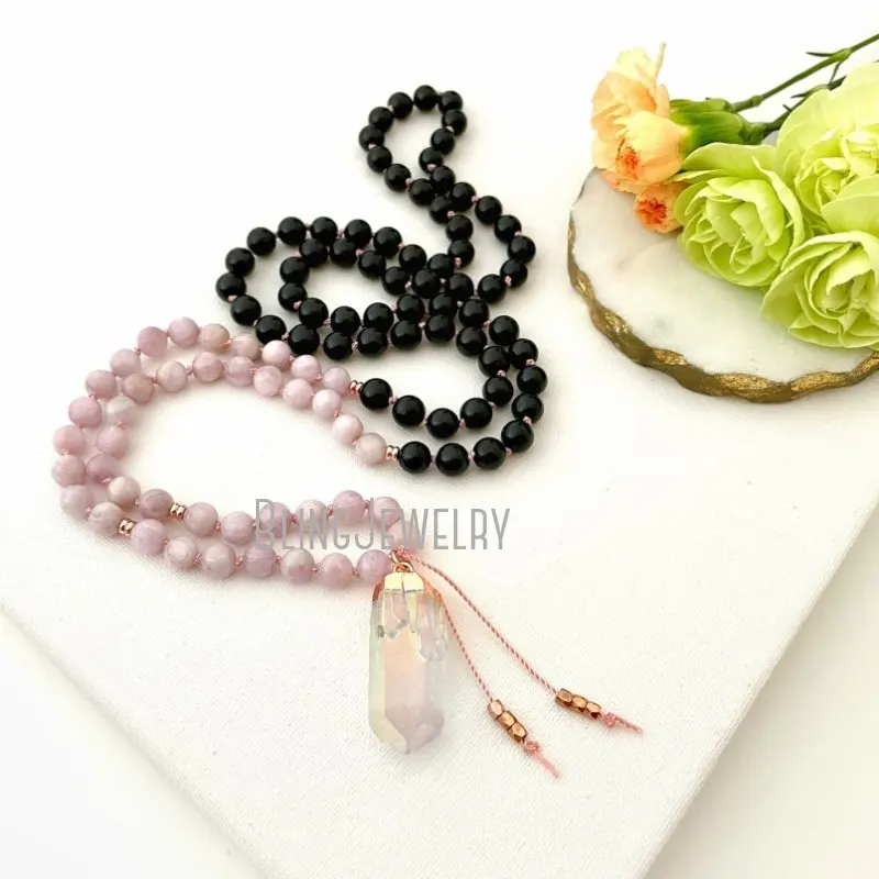 

MN43540 Goddess Mala Necklace With Kunzite And Black Tourmaline Mala Beads And Aura Guru Crystal 108 Mala Prayer Beads
