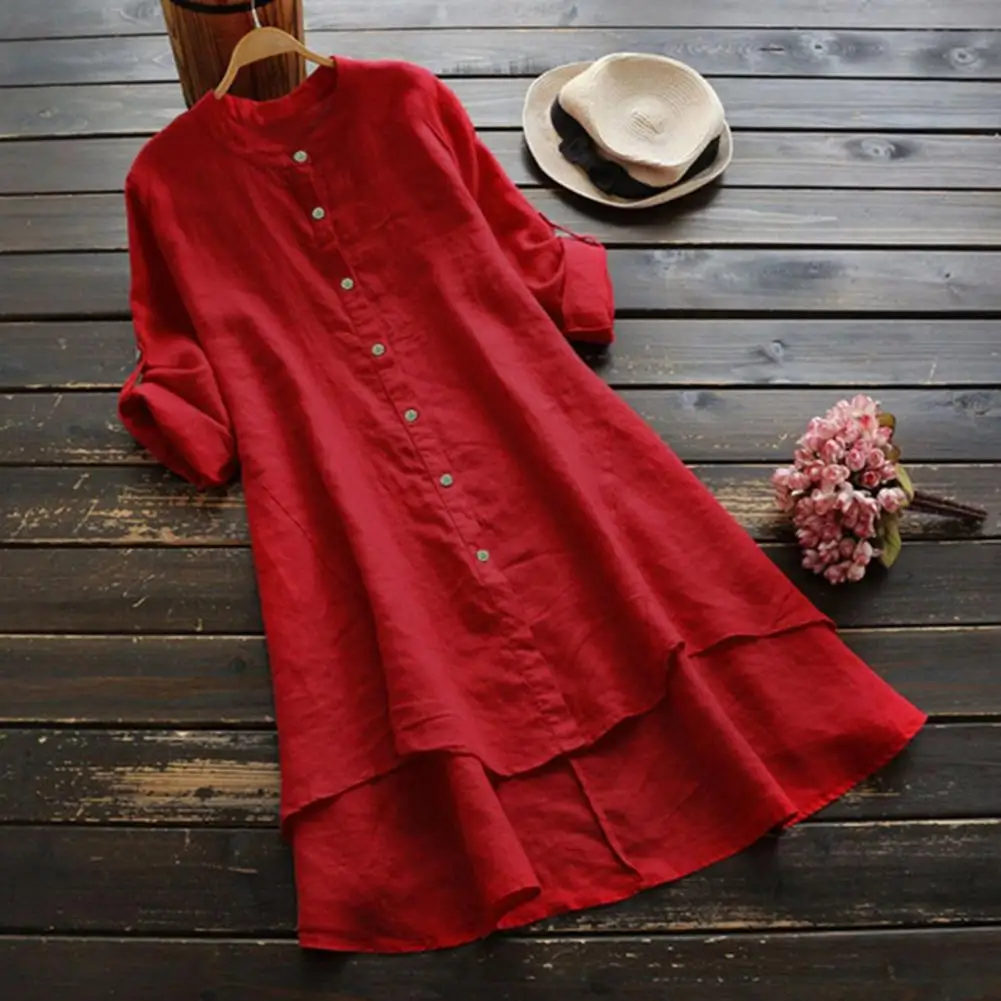 

M - 4XL Ladies Oversized Long Shirt O-neck Buttons Up Roll-up Sleeves Solid Color Mid-Length Women Thin Shirt Female Clothing
