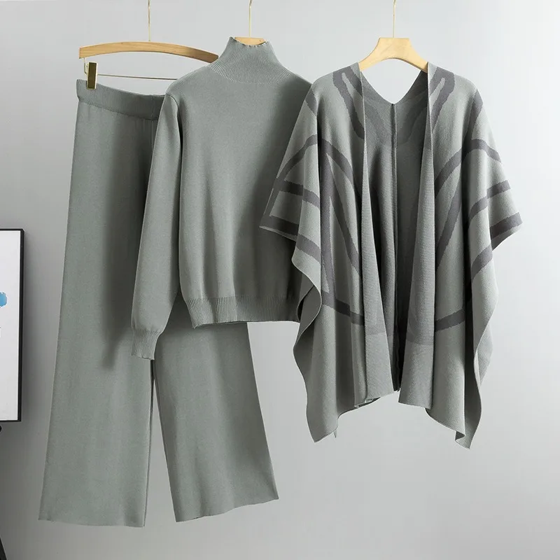 Элегантный вязаный костюм-тройка осенне-зимний топ и широкие брюки повседневный