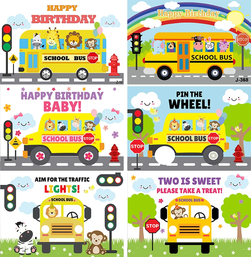 

Girl Birthday Party School Wheels on The Bus Kids Traffic Light Animal Photography Baby Shower Backdrop Yellow Photo Background