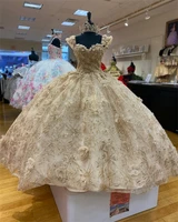 luxury golden quinceanera dresses 3d flowers appliques tulle off the shoulder for 15 girls puffy ball formal gowns