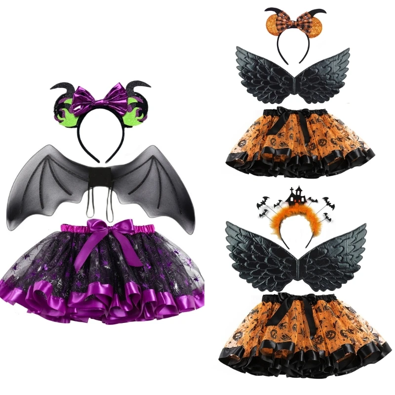 

Детский комплект костюмов на Хэллоуин, включающий юбку на Хэллоуин, головной убор и крыло для девочки, мальчика, детский косплей