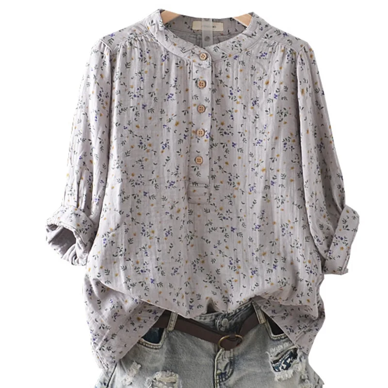 

Cotton Shirt Floral Stand Up Collar Cotton Loose Shirt Women Camisas De Mujer Women Tops