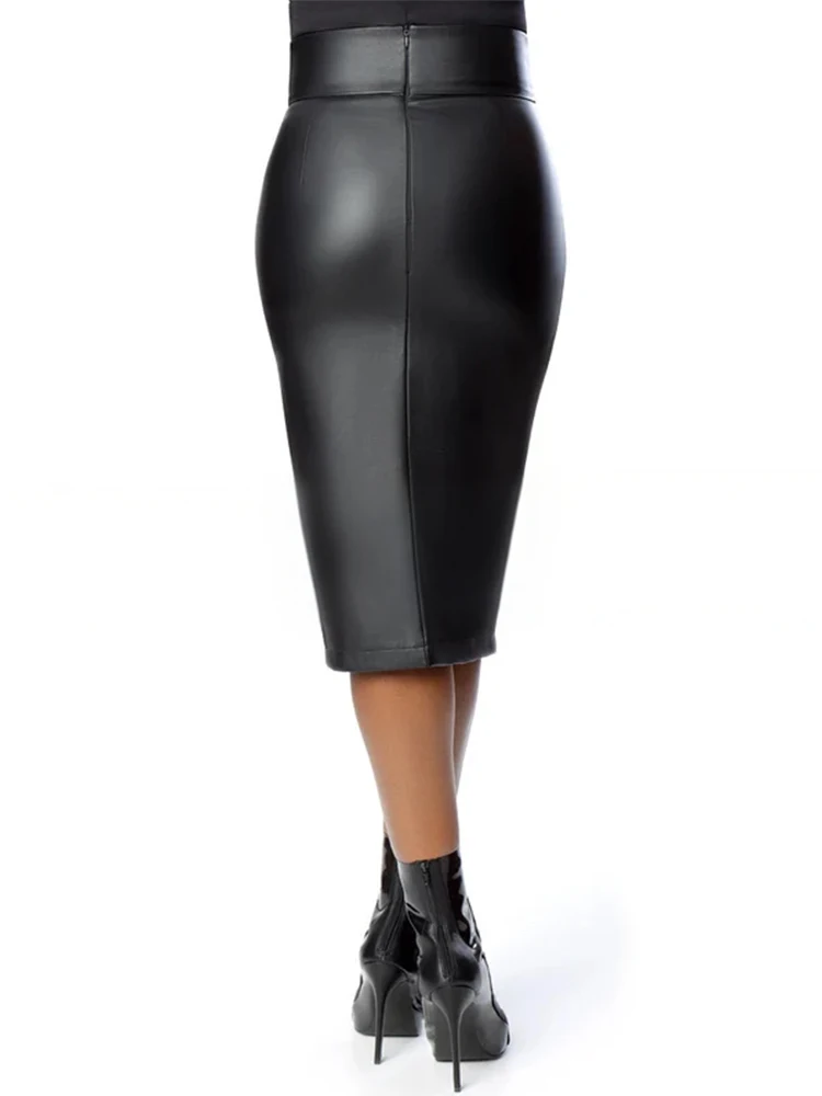 Женская черная матовая кожаная юбка-карандаш с завышенной талией