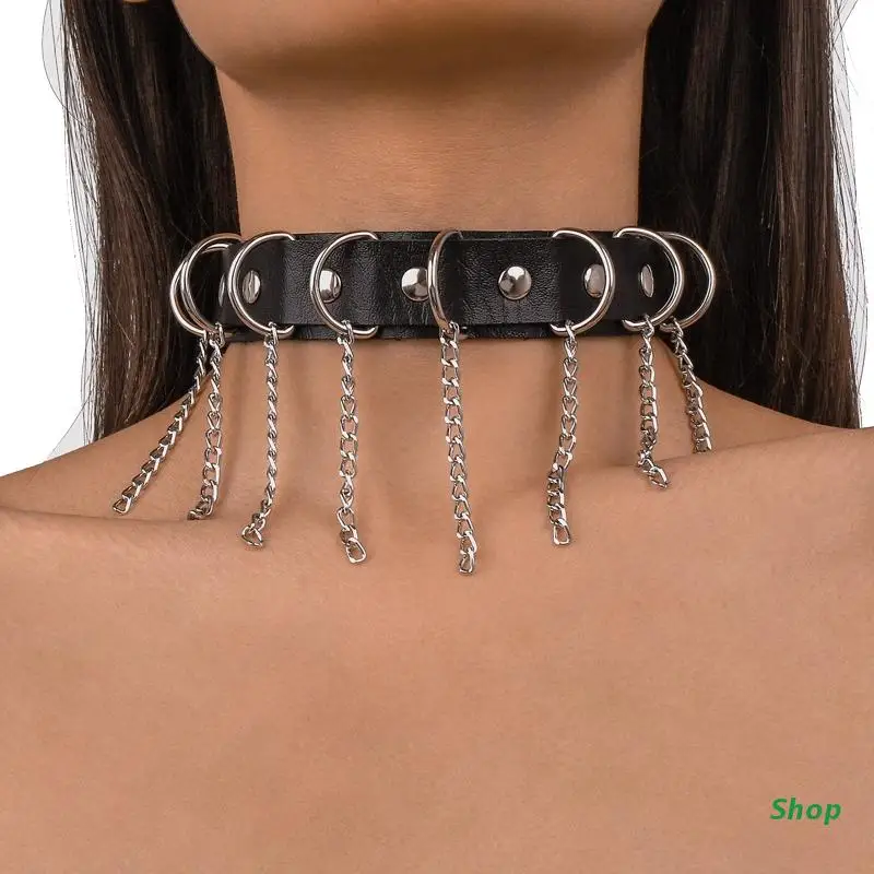 

L5YC Leather Choker Goth Punk Studded Necklace Metal Chain Spike Rivets Choker Collar