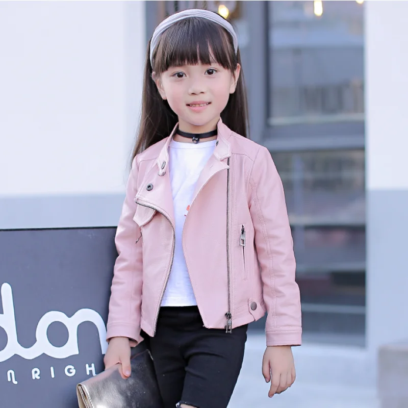 

girls spring autumn jacket 2-7 years old fashion PU jacket lapel coat Metal rivets motorcycle leather belt kids jackets