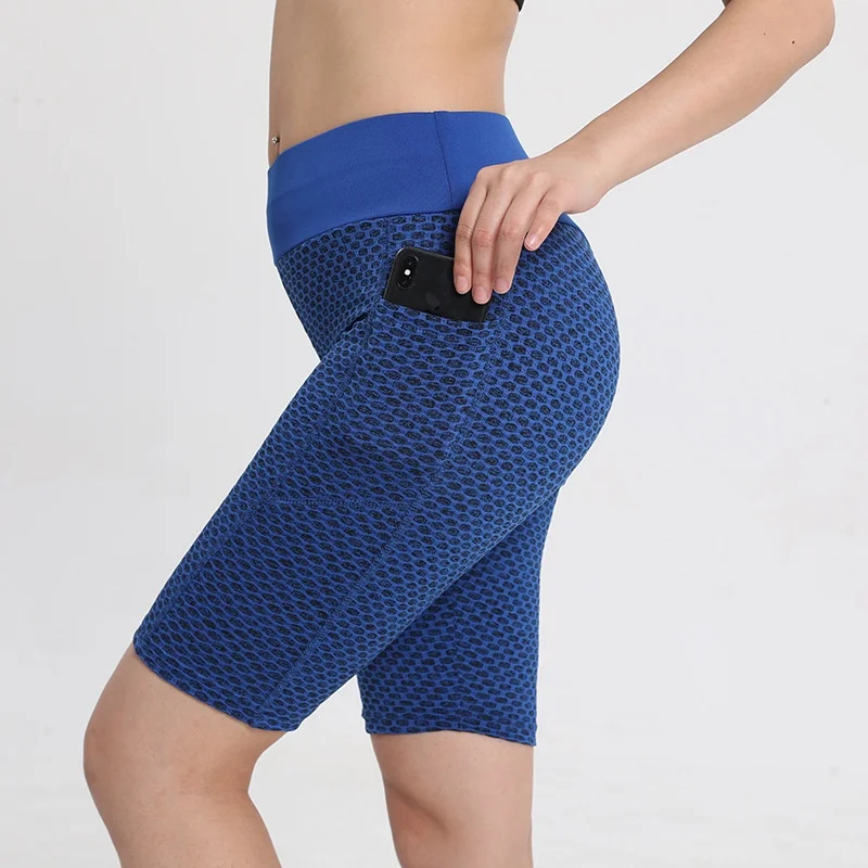Ladies Sportswear Honeycomb Bodybuilding Pants Peach Hip High Waist Fitness Tight Jacquard Yoga Pocket Shorts