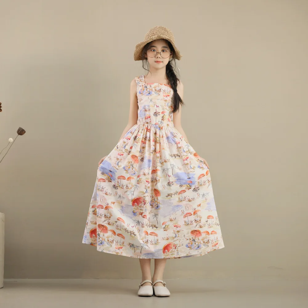 

JICUSYAN Summer New Halter Beach Long Big Children Floral High Quality Parent-child Dress