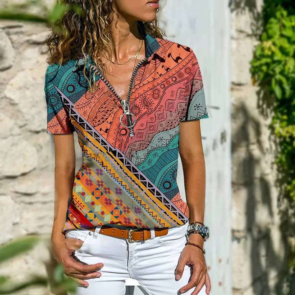 

Helisopus Womens Boho Casual Summer Zipper V-Neck T Shirt Vintage Indie Folk Print Blouse Ladies Short Sleeve Loose Tee Tops 5XL