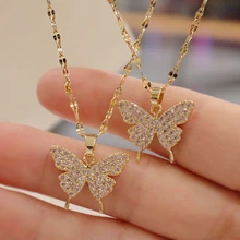 Fashion Shining Zircon Butterfly Pendant Necklace Women Elegant Ins Style Chain Jewelry Party Cocktail Accessories Gifts