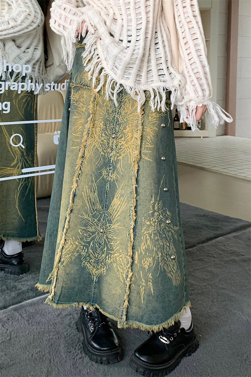 Женская длинная ковбойская юбка трапециевидная с графическим принтом Корейская