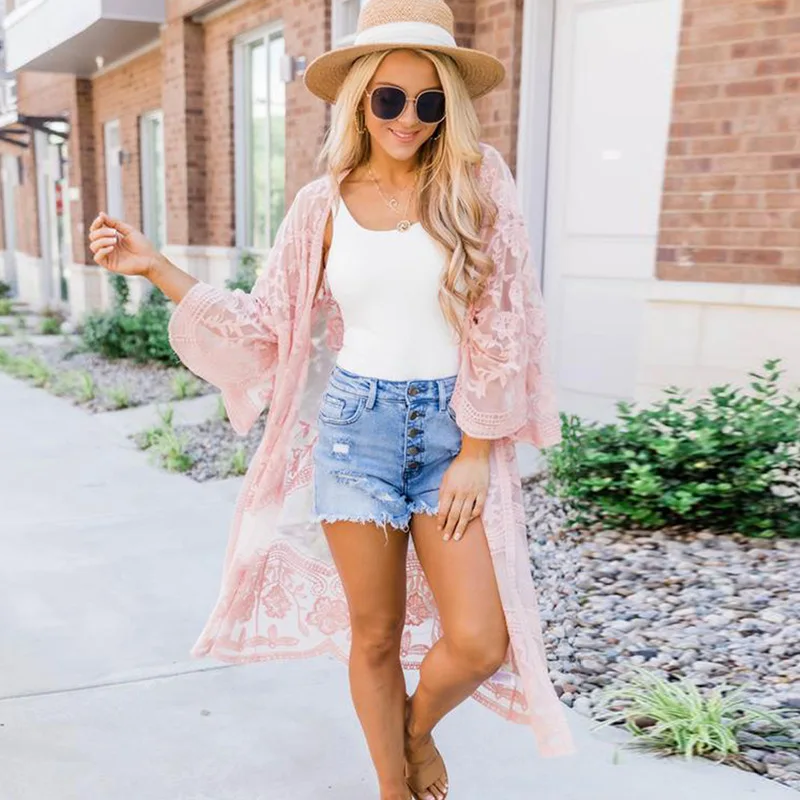 

Beach Style Embroidered Lace Bikini Cover Up Hook Flower Hollow Sexy Lady Beach Open Type Free Size Holiday Outdoor Loose Shirt