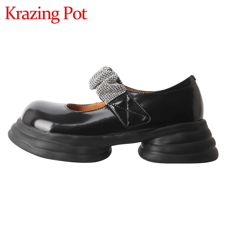 

Krazing pot full grain leather round toe high heels rhinestone decorations beauty lady streetwear shiny elegant women pumps L12