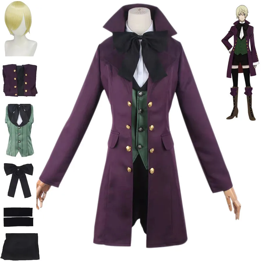 

Костюм для косплея Алоис транци черного Батлера из аниме, рубашка, жилет в зеленую полоску, пальто, брюки, галстук-бабочка, мужской и женский ...