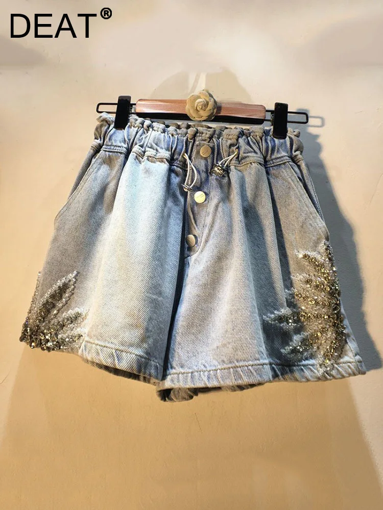 

DEAT Women Denim Shorts Diamonds Crystal Beading Leaves Elastic Waist Loose Wide Leg Short Pants 2023 Summer New Fashion29L55