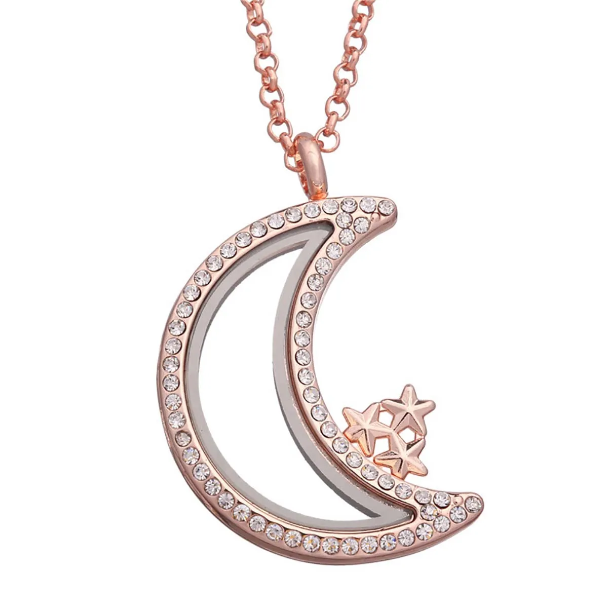 

2Pcs Alloy Necklace Rose Gold/Golden/Black/White Diamond-set Moon&Star Glass Photo Boxes for DIY Jewelry Making Openable