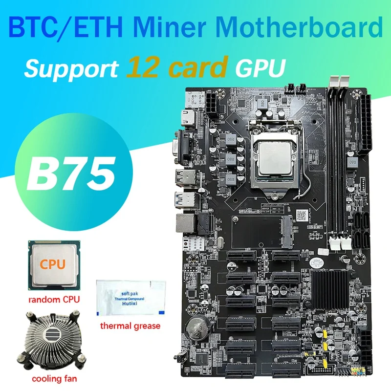 12 PCIE B75 BTC Mining Motherboard+CPU+Fan+Thermal Grease 12 PCI-E To USB3.0 Slot LGA1155 DDR3 MSATA ETH Bitcoin Miner