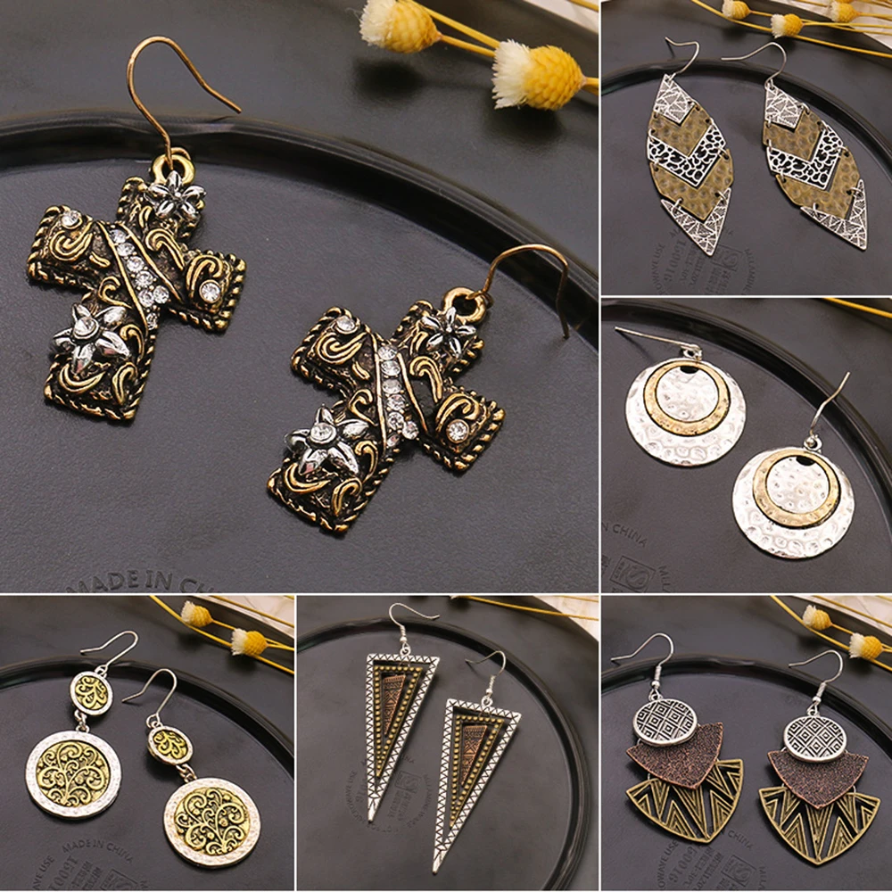 

Vintage Cross Geometry Belief Triangle Round Multi-layer Rhinestone Drop Earrings for Women Bohemian Ethnic Designer Jewelry