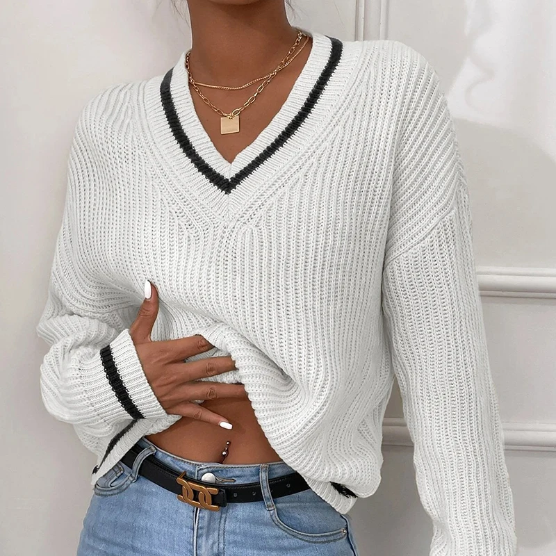 

Винтажный Однотонный свитер в рубчик в стиле Харадзюку, осенние элегантные теплые женские топы с V-образным вырезом, пуловер, зимний свободный джемпер с длинным рукавом для женщин