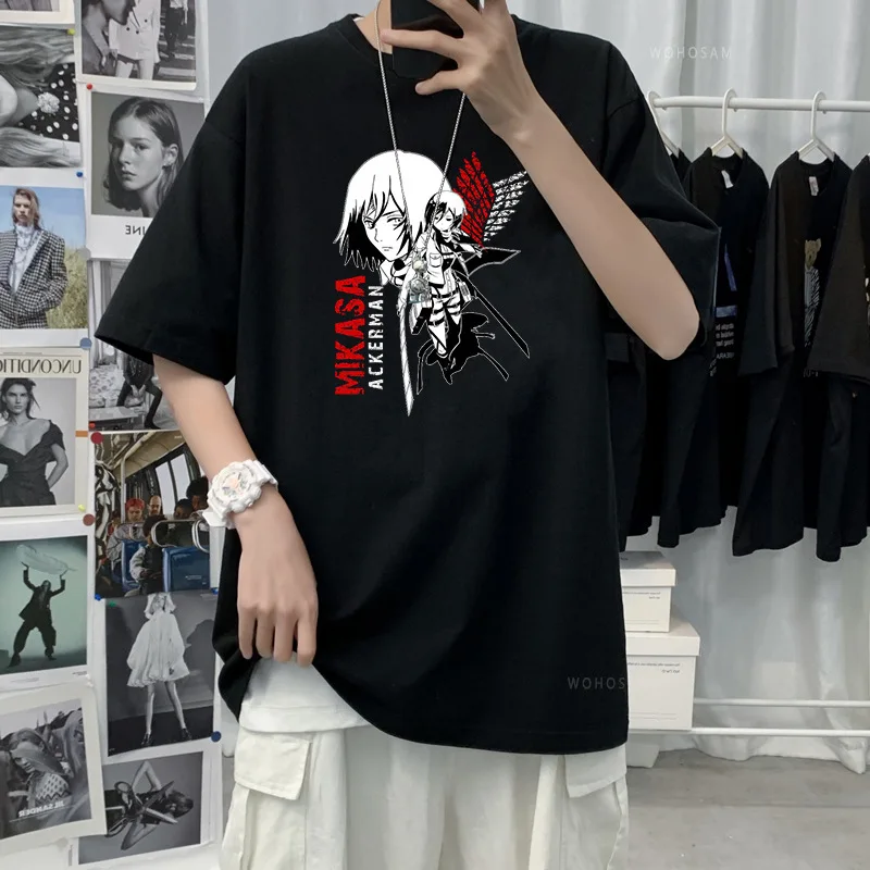 

Футболка унисекс летняя с круглым вырезом, Повседневная рубашка для мужчин и женщин, с принтом аниме «атака на Титанов» Эрена Леви, уличная одежда в стиле Харадзюку